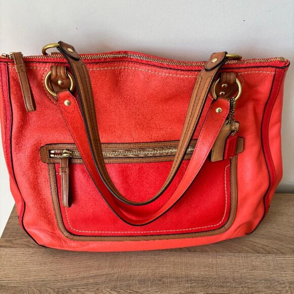 Coach 22430 Poppy Vermillion Shoulder Tote Bag Sun Orange Leather with Tan Trim - Picture 8 of 10